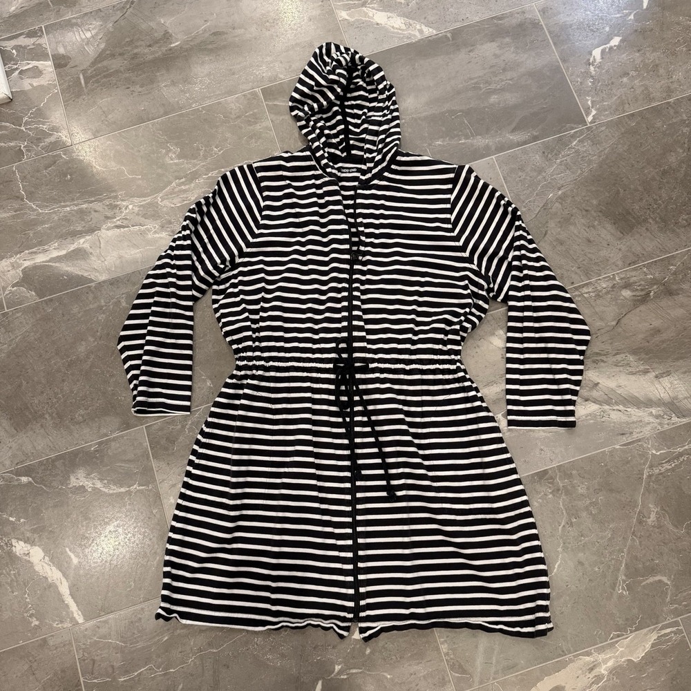 Lands' End Striped Hooded Drawstring Swim Cover Up - Black/White - Size 2X